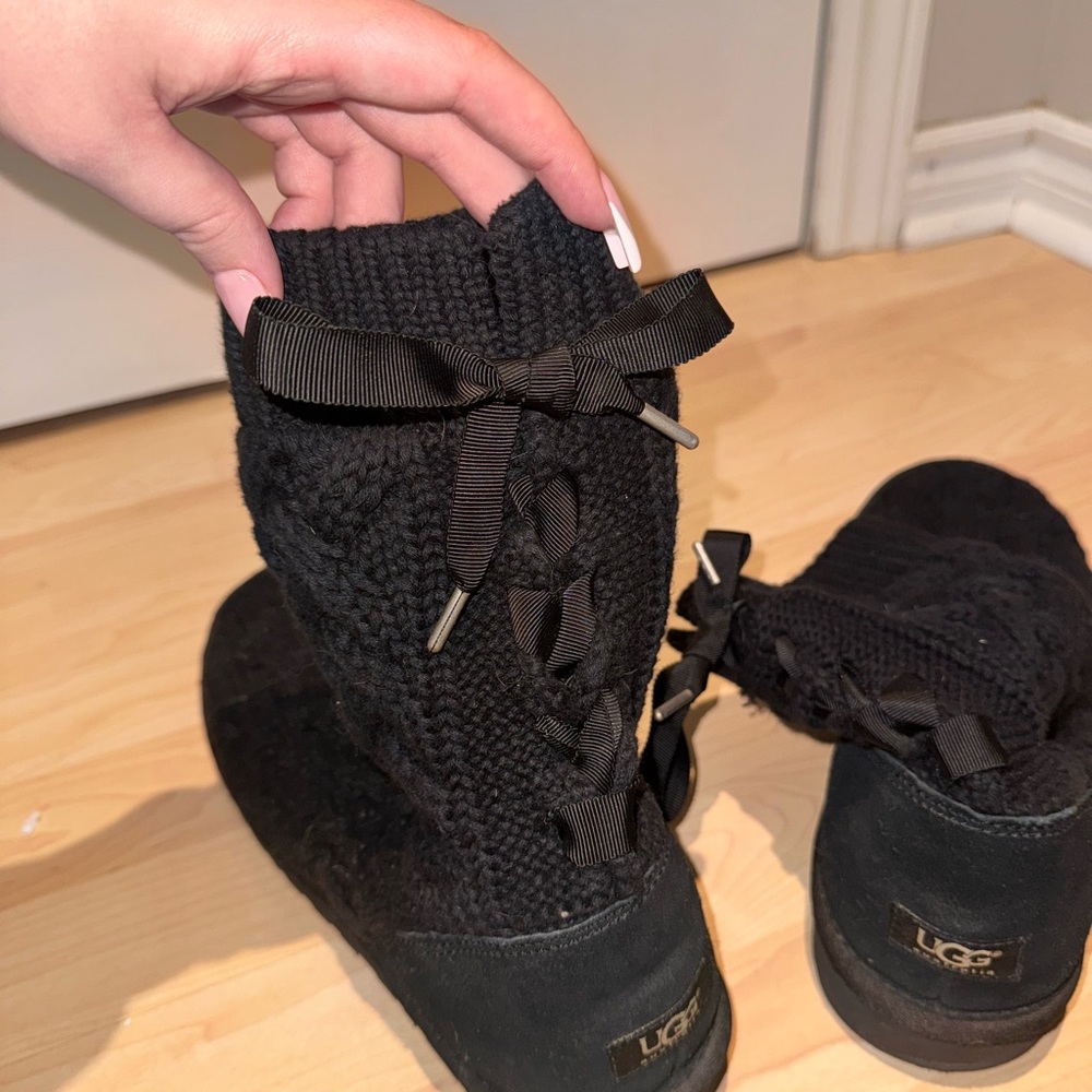 UGG Black Knit Boots with Ribbon Accents